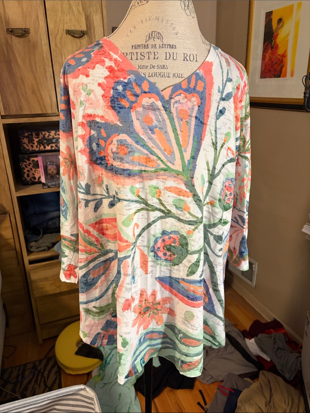 Floral Watercolor Print Tunic - White with Coral & Blue - XL